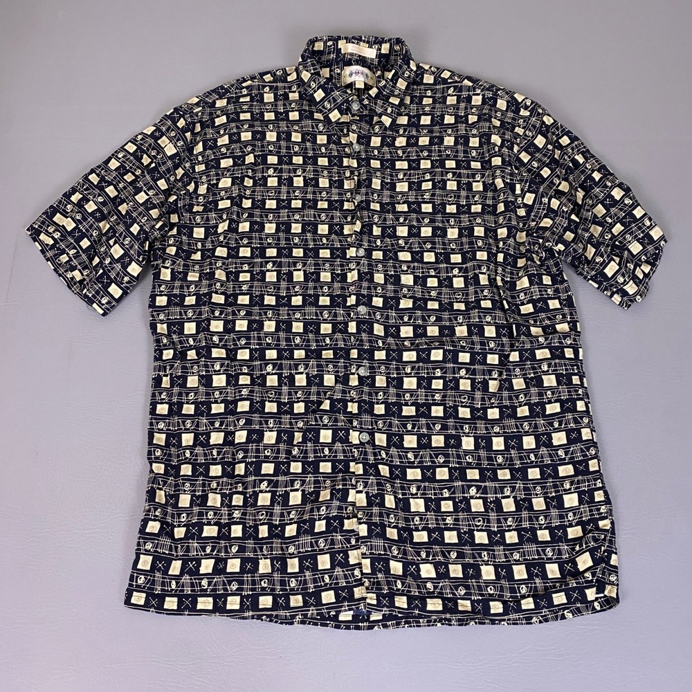 Campia Moda Button Up Mens Large Navy Blue Rayon Geometric Abstract Short Sleeve